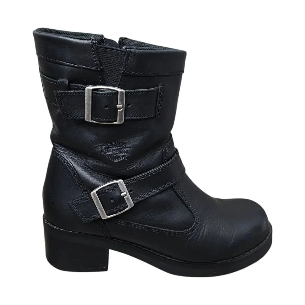 Harley Davidson Shelby Leather Buckle Zip Black Ankle Motorcycle Boots #83542